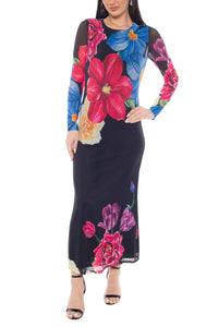 Oleg Cassini - Women's Sheer Floral Details Silhouette Pullover Maxi Dress
