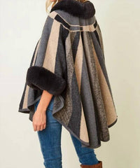 On Blue - Multi Color Stripe Fur Accent Poncho Sweater