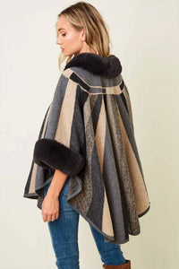 On Blue - Multi Color Stripe Fur Accent Poncho Sweater