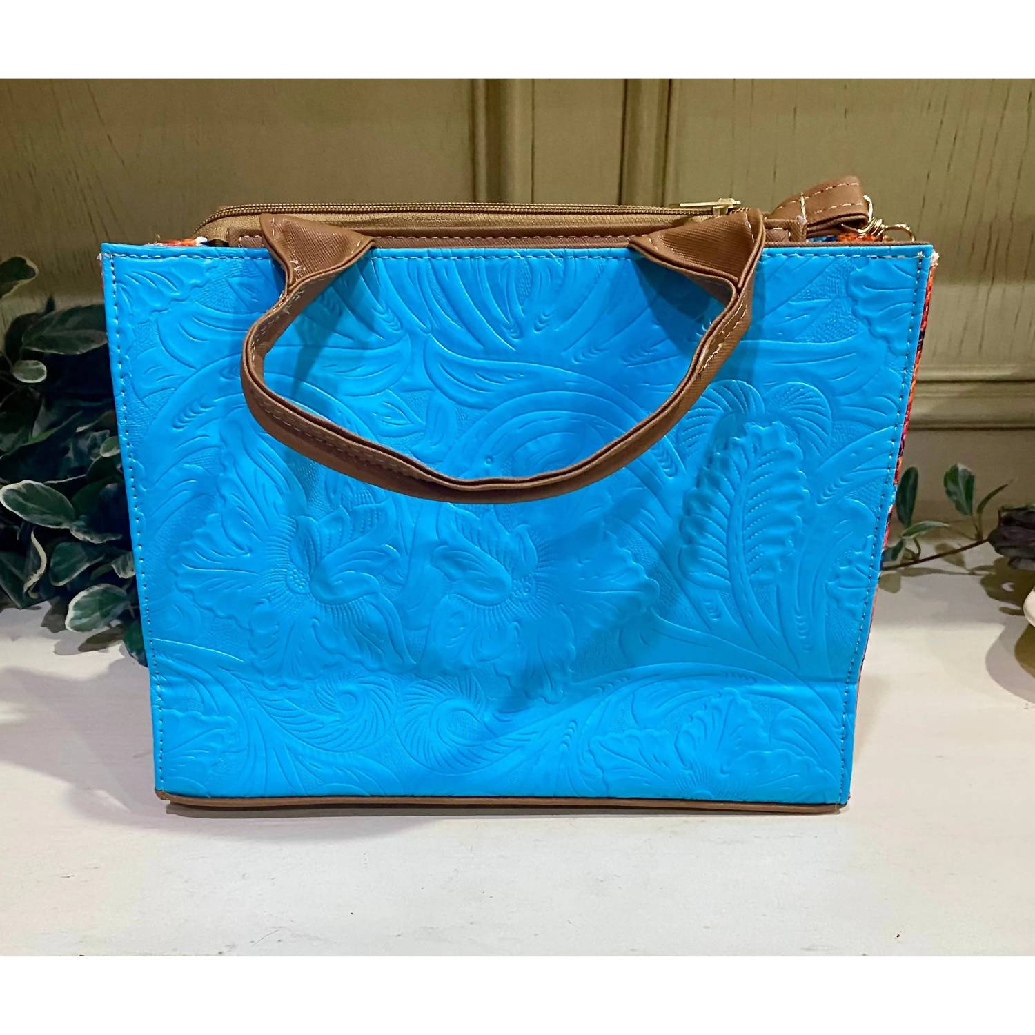 GMCE Global Trading Women's Artisanal Embroidered Look Leather Tote Bag in turquoise - women's bag - detail view