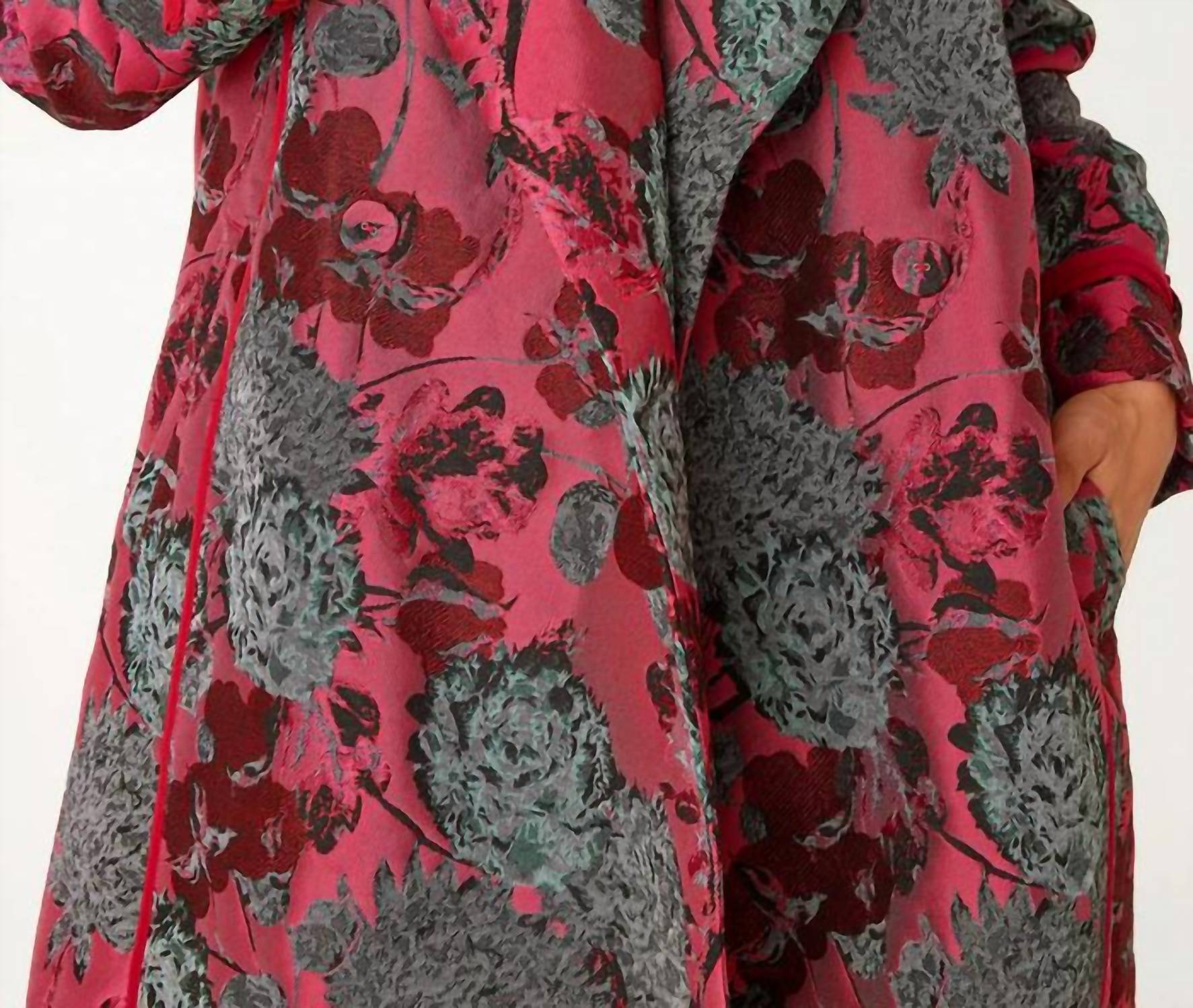 ABBEY GLASS Marisol Vintage Dahlia Jacquard Coat in hot pink - women's jacket - detail view