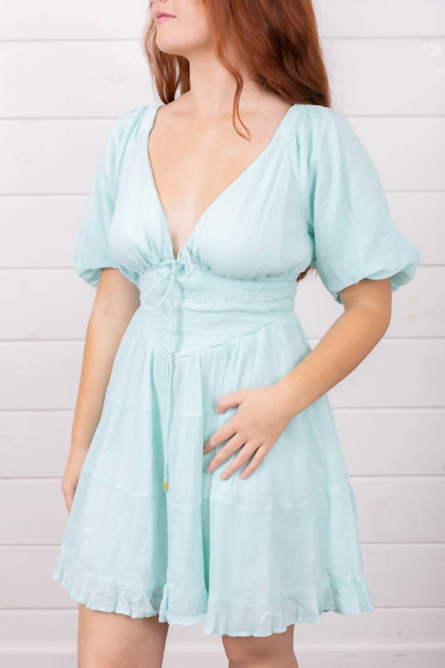 Free People Flowy Mini Dress in clear skies blue - women's dress - detail view