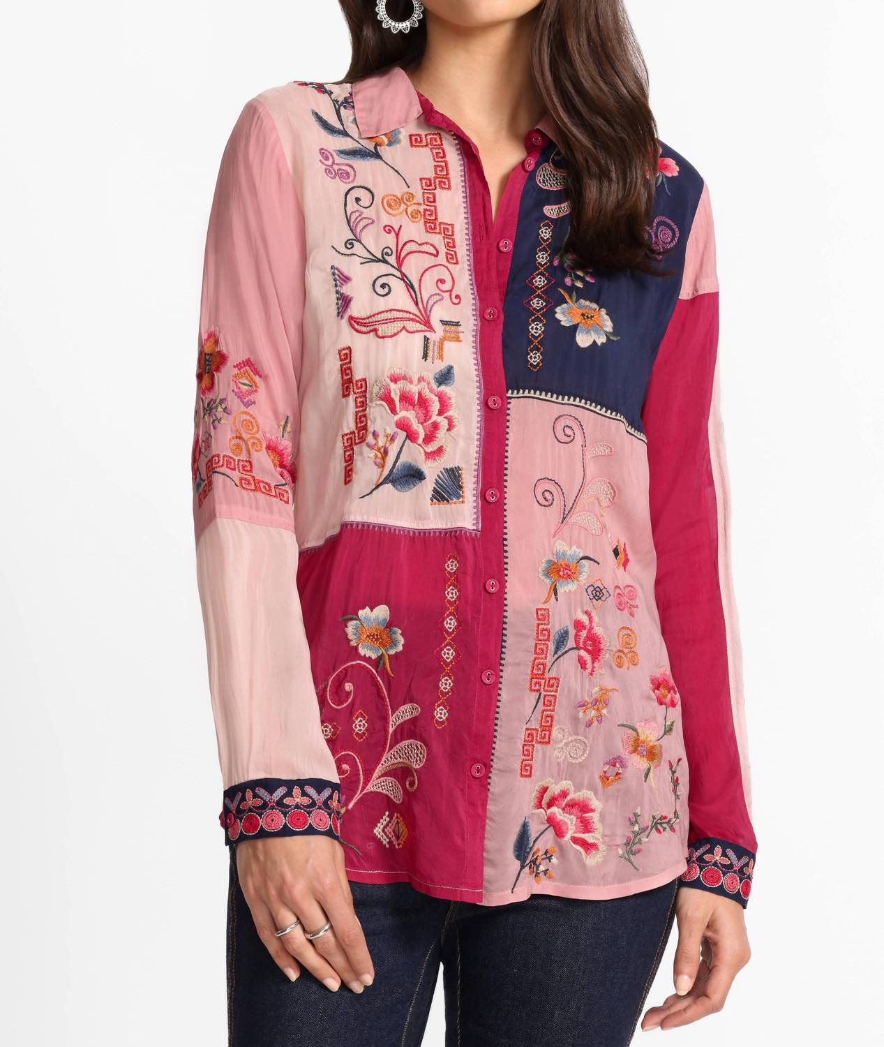 Johnny Was MARCIA COLOR BLOCK SHIRT in red bud - women's blouse