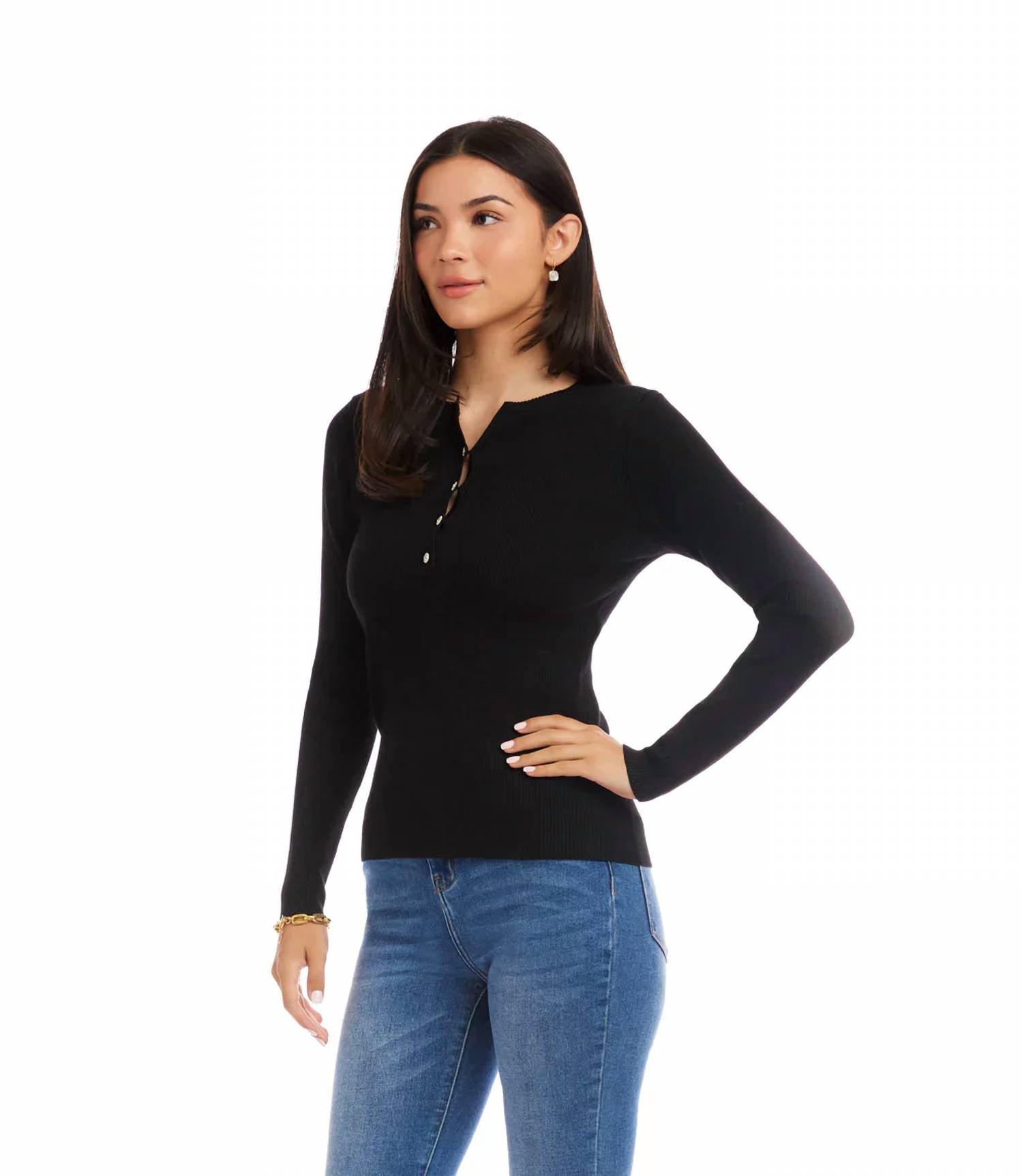 Karen Kane - Hana Henley Ribbed Crewneck Sweater