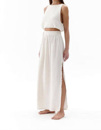 iKiKIZ Crinkle Elastic Waist Side Slit Maxi Skirt in off white - women's skirt