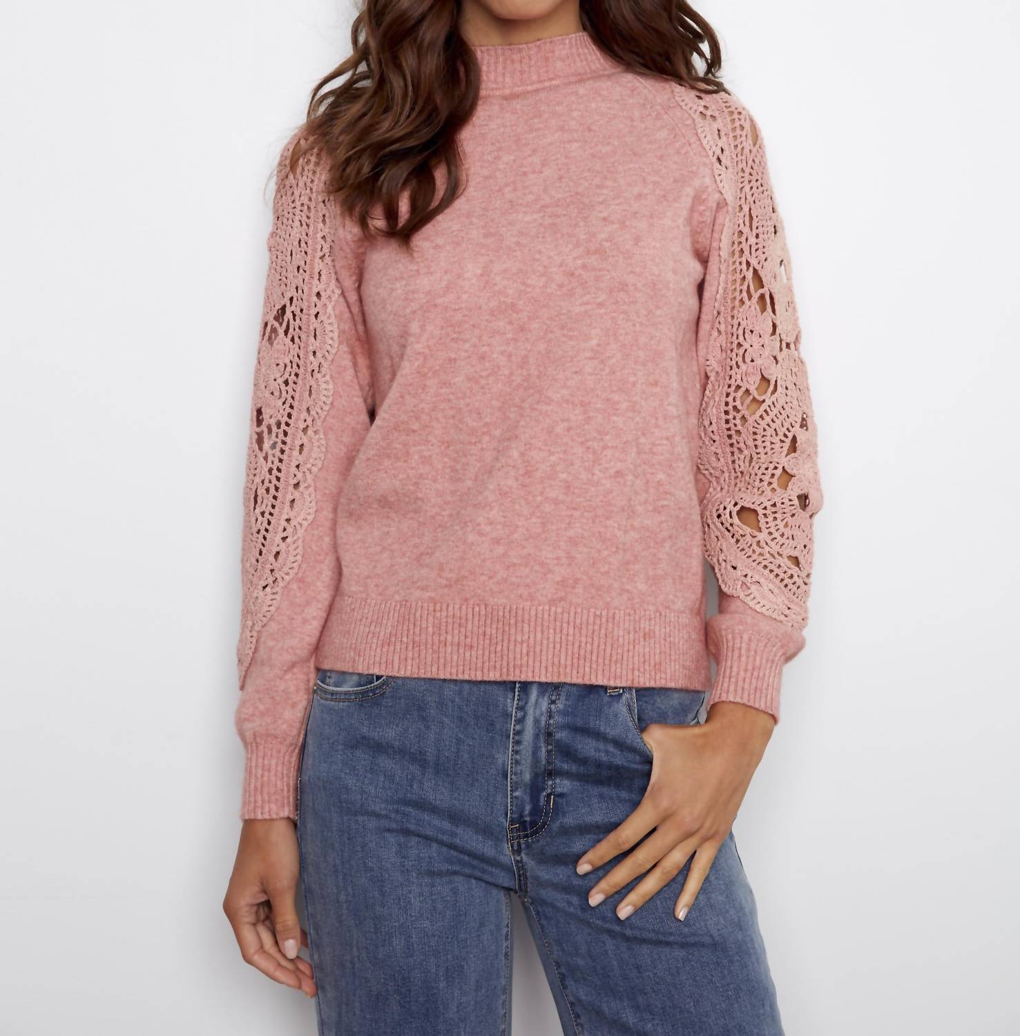 Charlie B - Crochet Sleeve Mock Neck Sweater