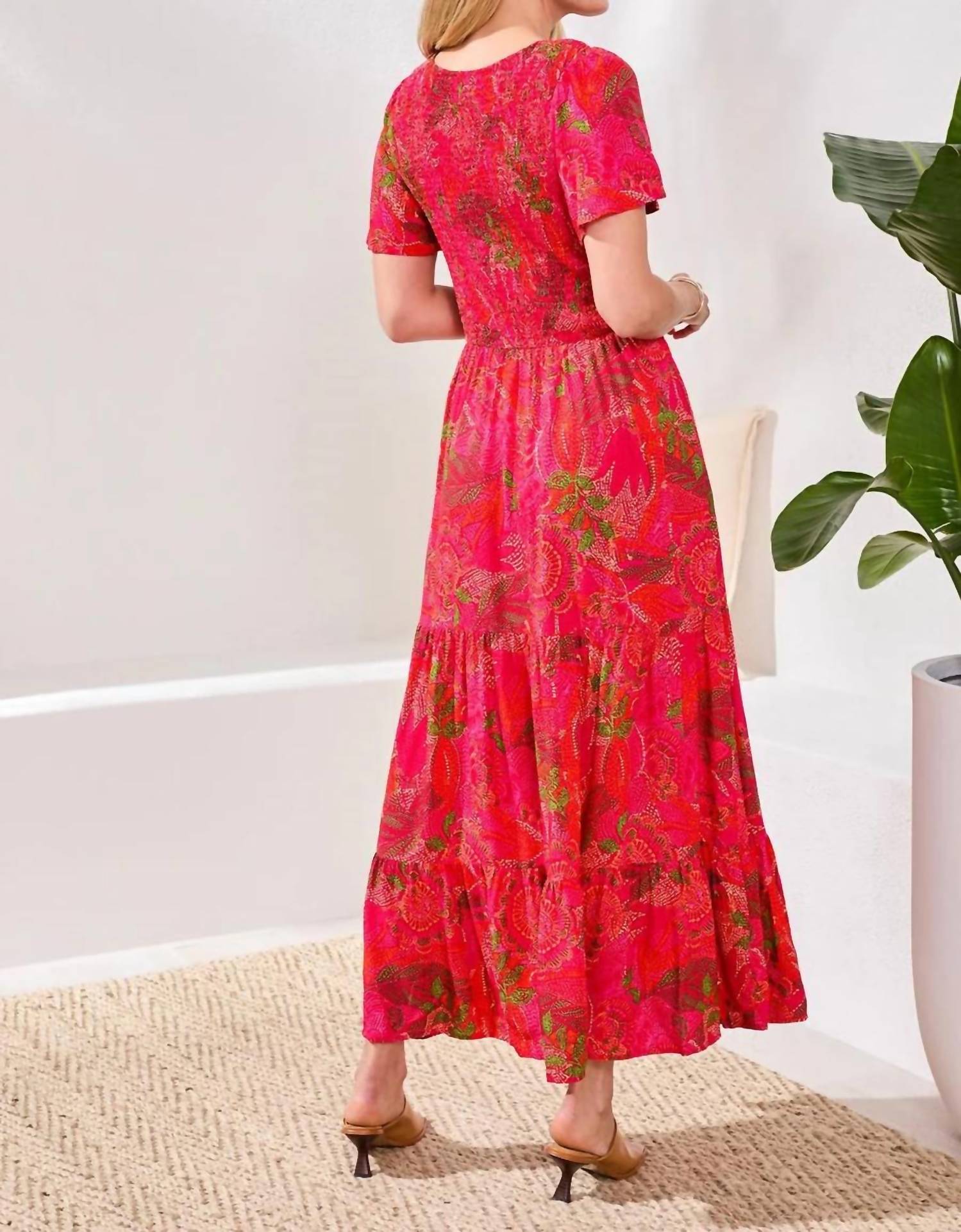 Tribal - Ruched-top Short Sleeve Maxi Dress