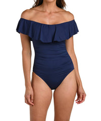 La Blanca Island Goddess Off Shoulder Ruffle One Piece Swimsuit in indigo - women's swimwear