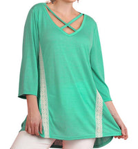 umgee Criss Cross Crochet Tunic Top in green - women's shirt