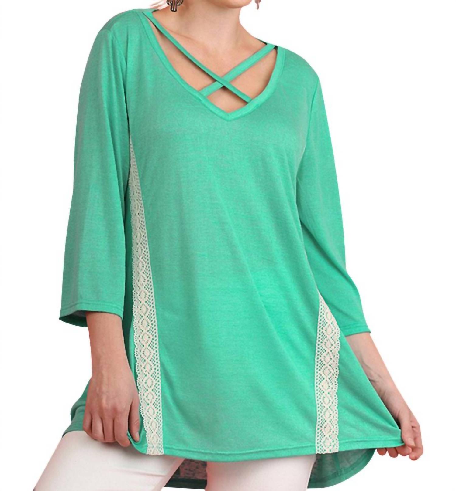 umgee Criss Cross Crochet Tunic Top in green - women's shirt