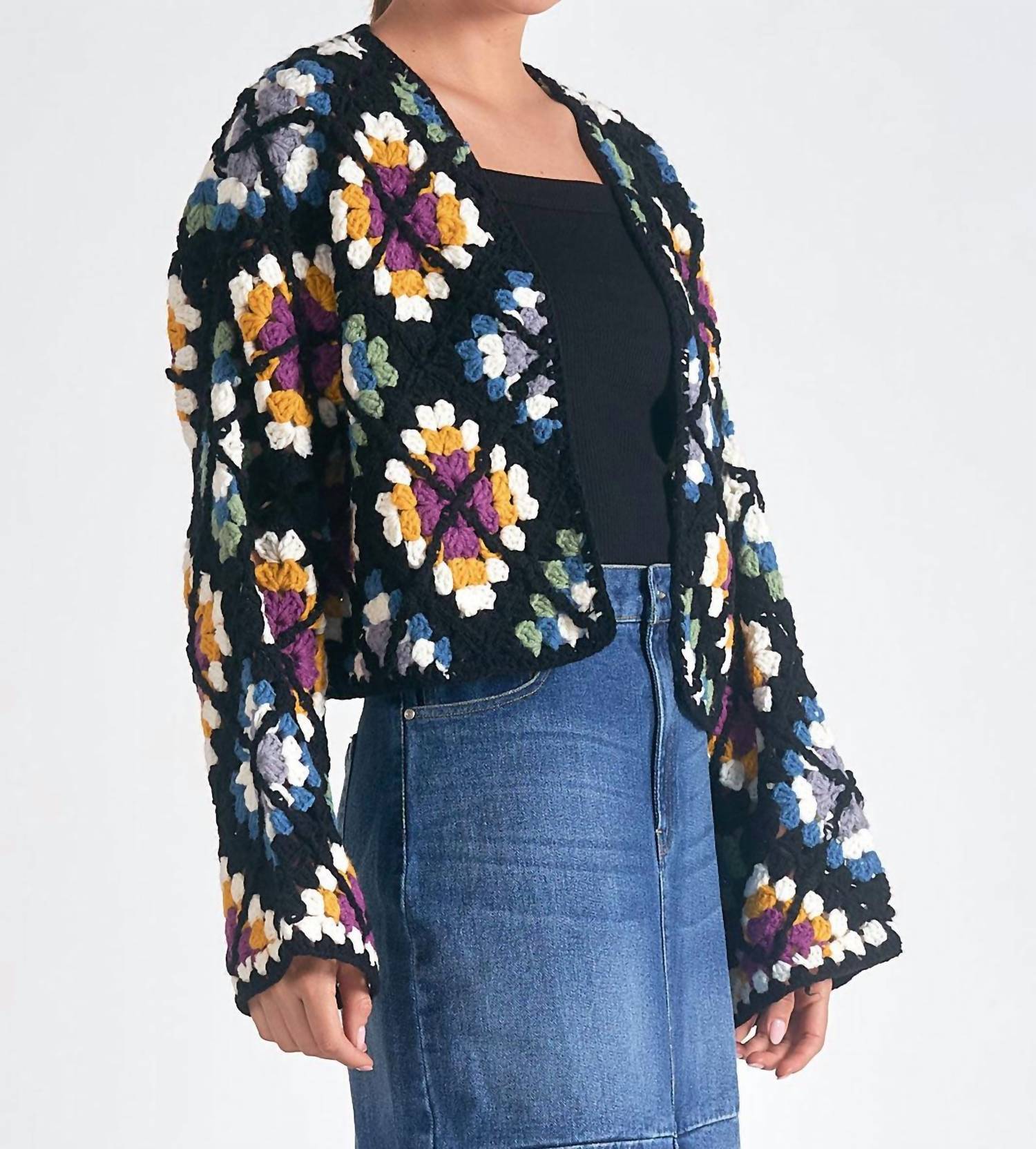 ELAN Crochet Cardigan Sweater in multi colored - women's cardigan - detail view