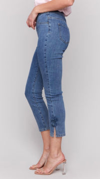 CHARLIE B Side Flower Crop Pants in medium blue - women's pants - detail view