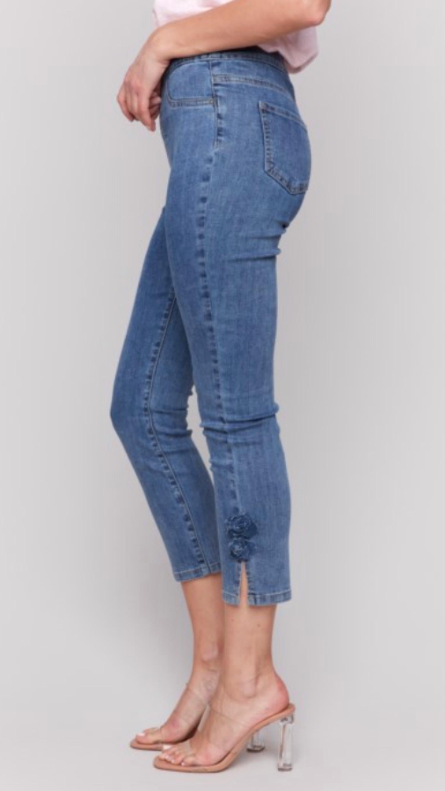 CHARLIE B Side Flower Crop Pants in medium blue - women's pants - detail view