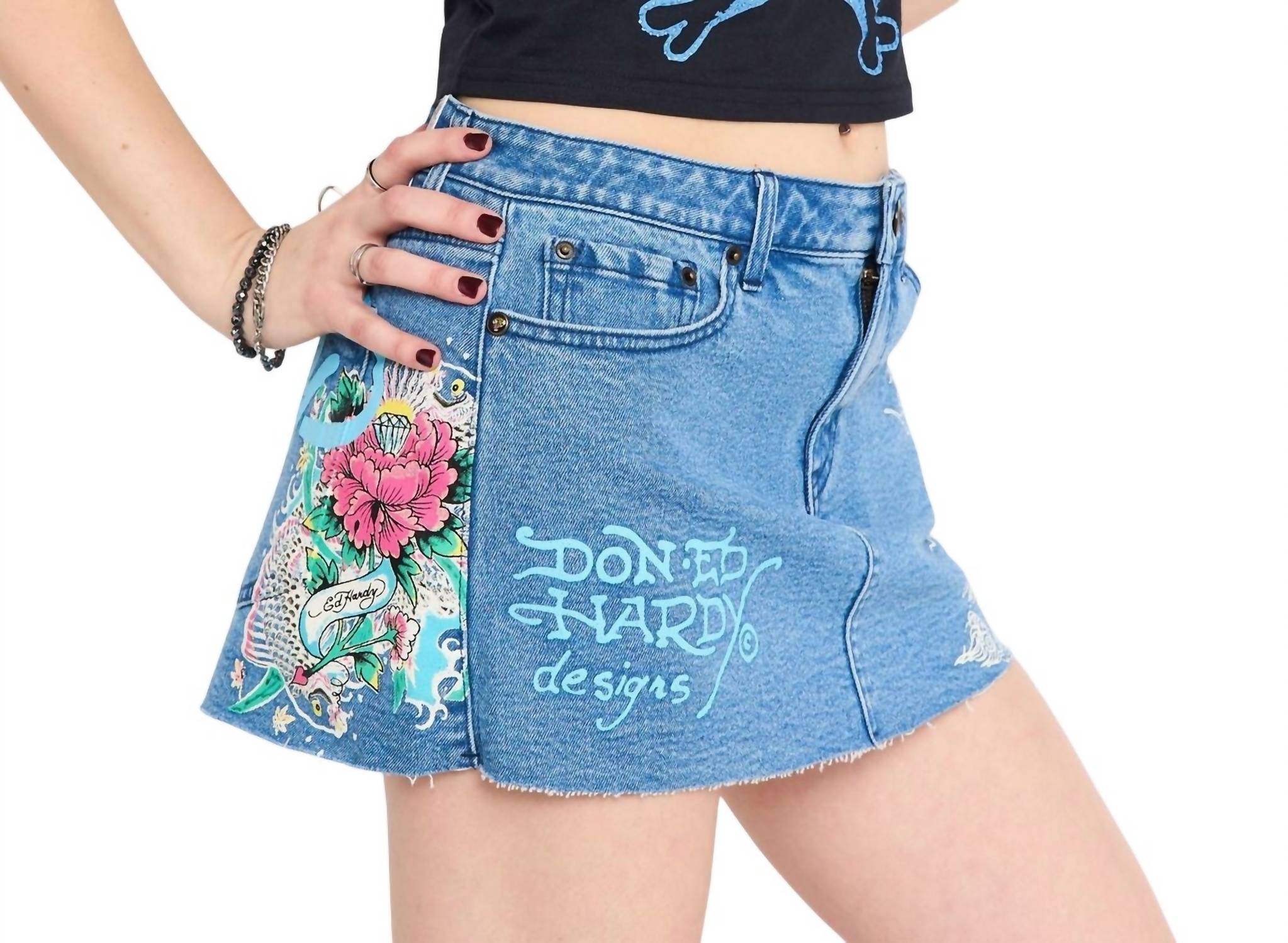 Ed Hardy Diamond Flower Denim Mini Skirt in washed blue - women's skirt - detail view