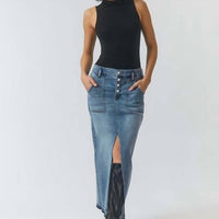 Level99 Carol Exposed Button Denim Maxi Skirt in stone blue - women's skirt - detail view
