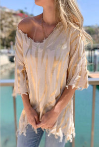 Amoli Zero Effort Zebra Knit Top in ivory - women's blouse