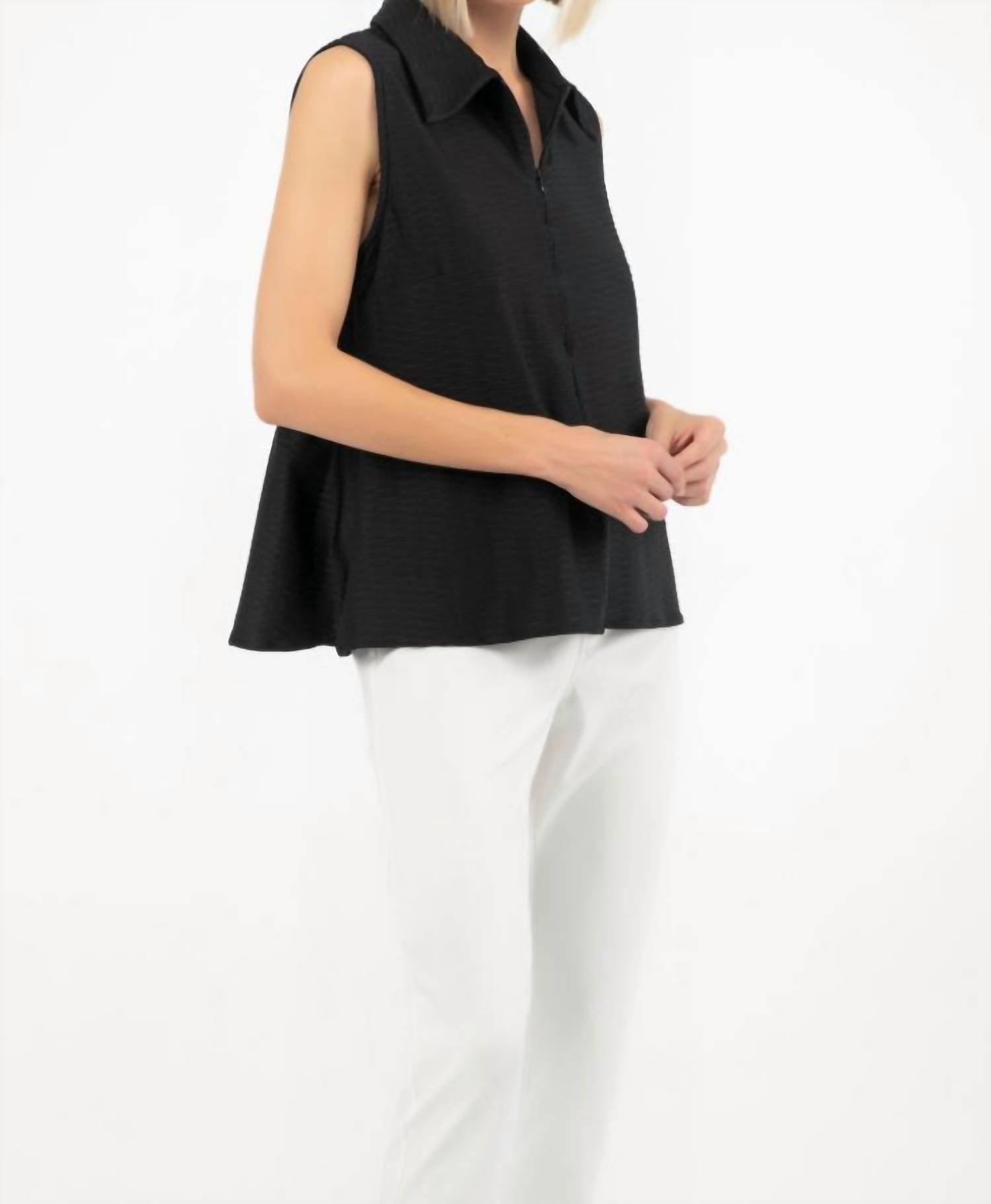 ISLE by Melis Kozan Maris Textured V-neck Zip Tank in black - women's tank top - detail view