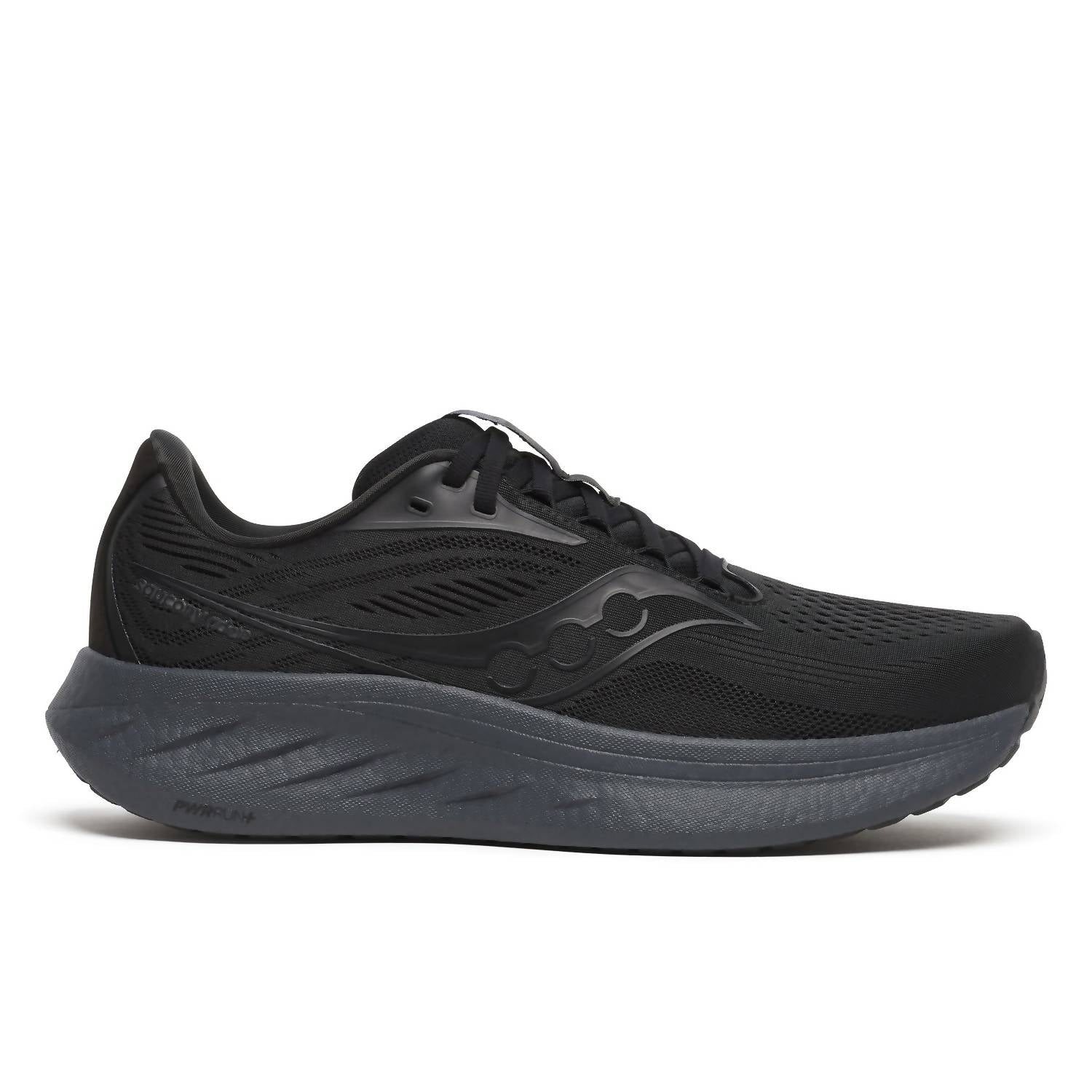 SAUCONY Men's Ride 18 Running Shoes in black shadow 1 - men's shoe - detail view