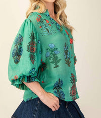 Gigio - Printed Button-down With 3/4 Length Gathered Balloon Sleeves Top