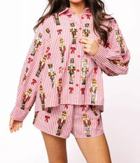 QUEEN OF SPARKLES Scattered Nutcracker And Bow Cotton Shorts in red stripe - women's shorts - detail view