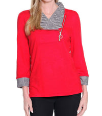 Multiples - Plaid Cuffed 3/4 Sleeve Knit Top