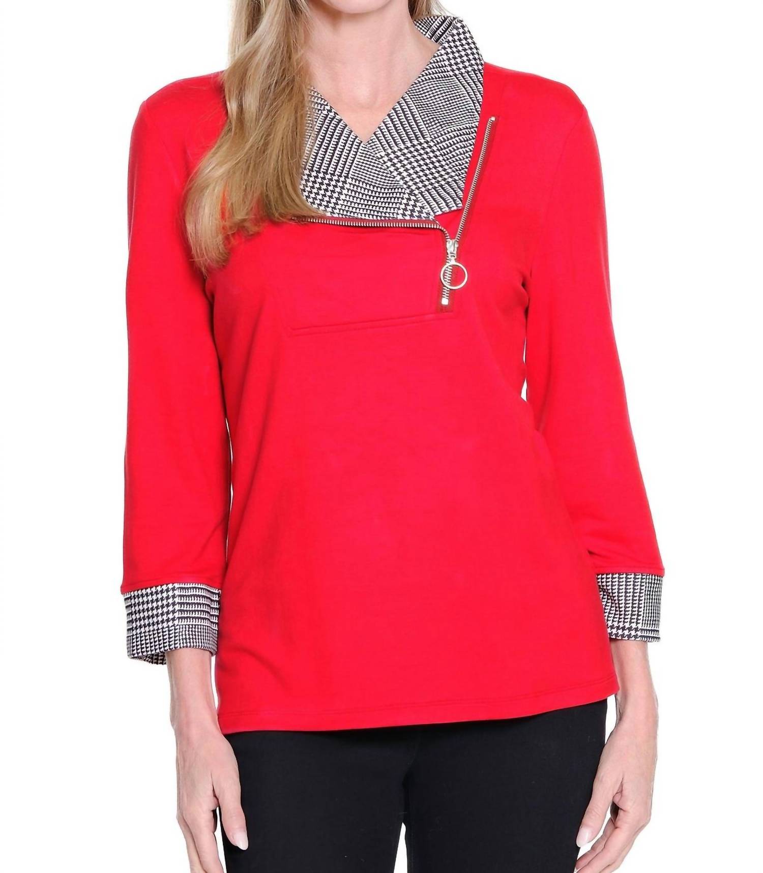 Multiples - Plaid Cuffed 3/4 Sleeve Knit Top