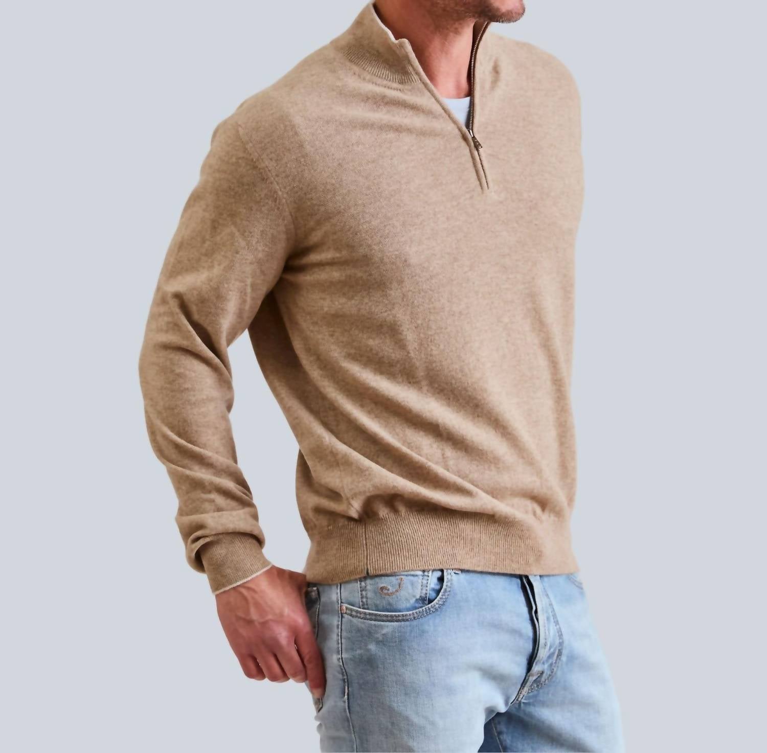 Fioroni Cashmere Cashmere Quarter Zip Sweater in naturale - men's sweater - detail view