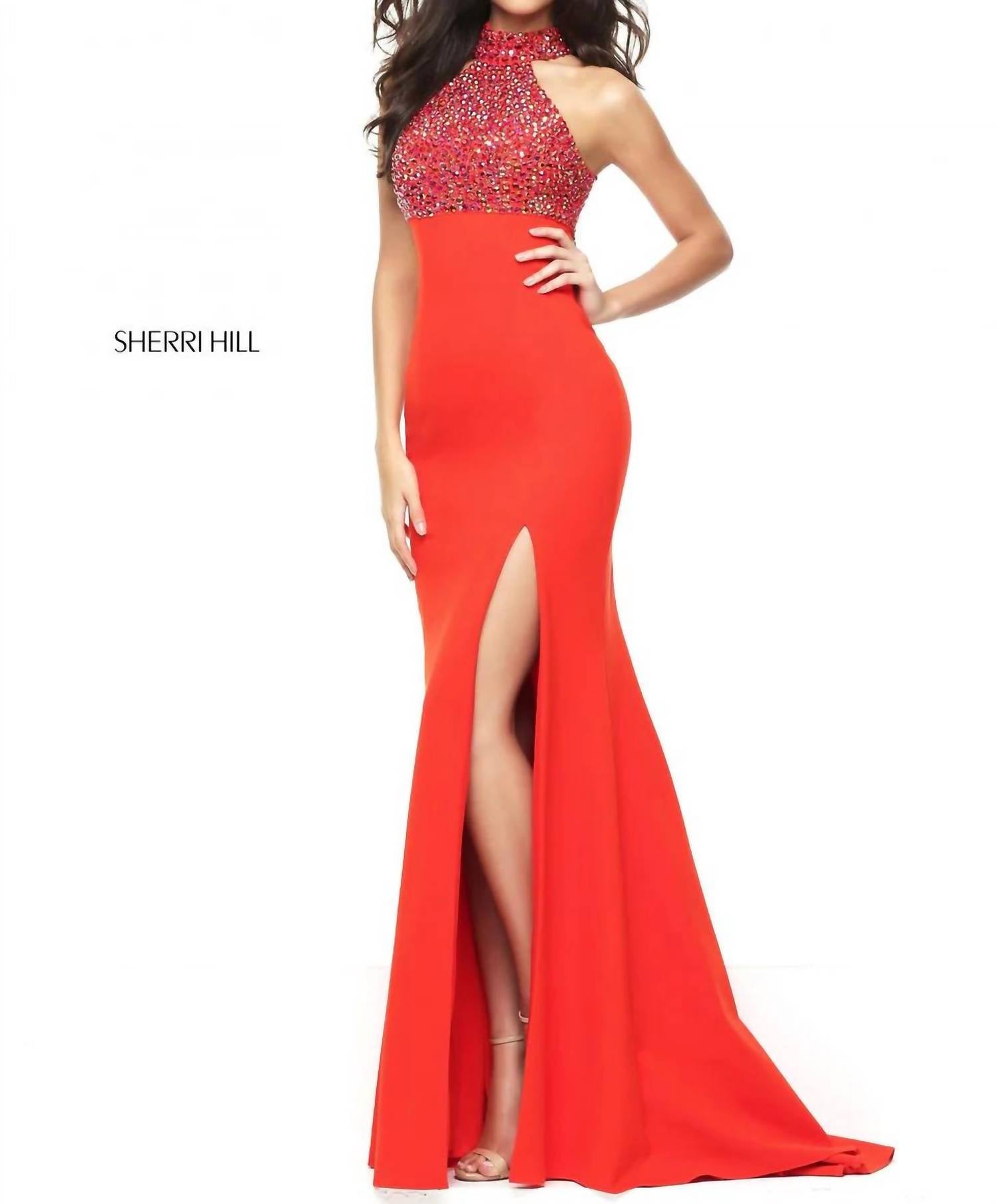 Sherri Hill Women's Beaded Halter Open Back Gown in orange - women's dress - detail view