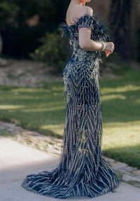 Terani Couture - Off-shoulder Feathered Sheer Prom Dress
