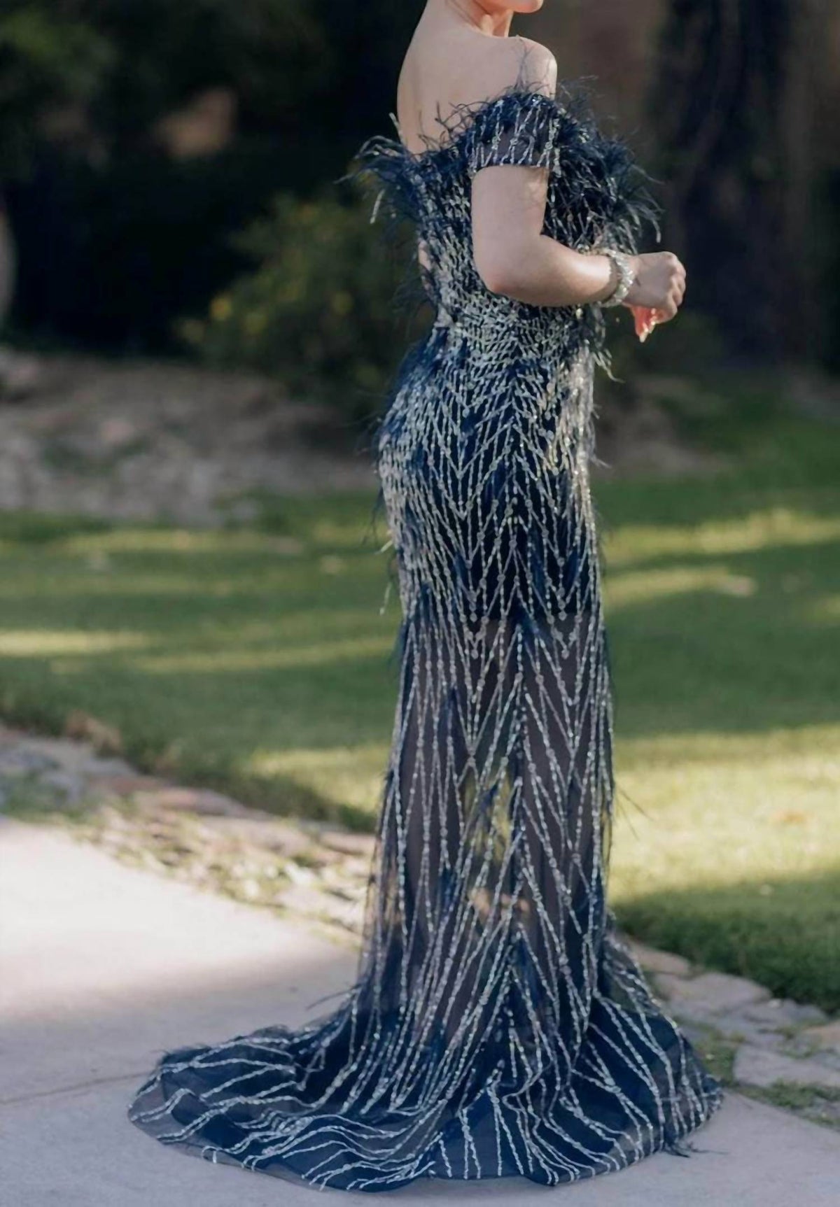 Terani Couture - Off-shoulder Feathered Sheer Prom Dress