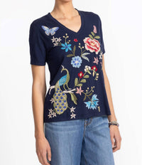 Johnny Was NICOLETTE V‑NECK SHORT SLEEVE TEE in blue night - women's t-shirt - detail view