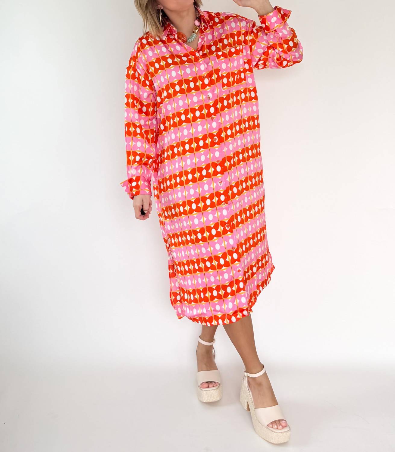 Karlie Retro Floral Midi Shirt Dress in pink orange - women's dress - alternate view