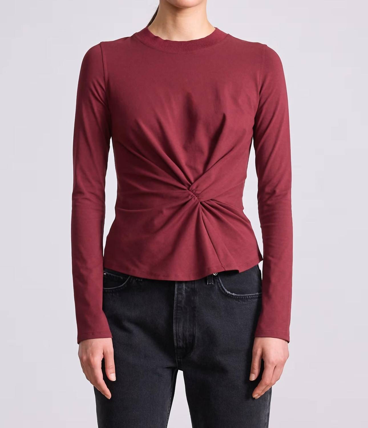 APIECE APART Twist Long Sleeve Volta Top in black cherry - women's long sleeve top