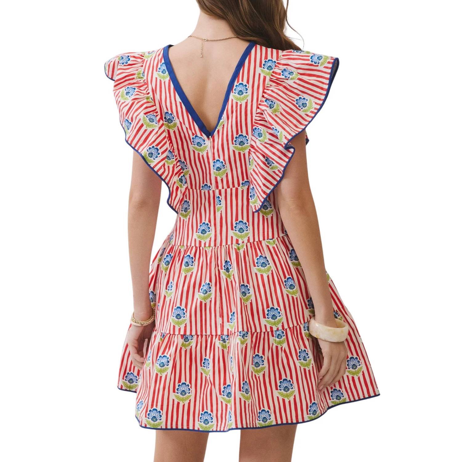 Tcec - Stripe Floral Print Ruffle Mini Dress