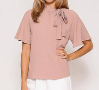 Timing Laya Ribbon Tie Neck Short-sleeve Blouse in taupe - women's blouse