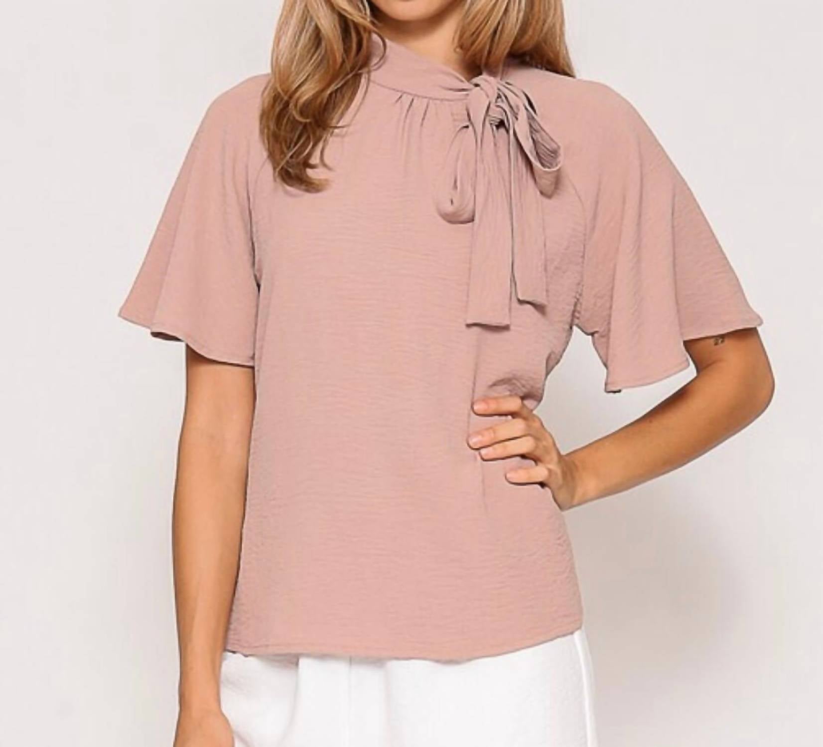 Timing Laya Ribbon Tie Neck Short-sleeve Blouse in taupe - women's blouse