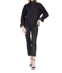 Jade Melody Tam Mock Neck Lace Blouse in black - women's blouse - detail view