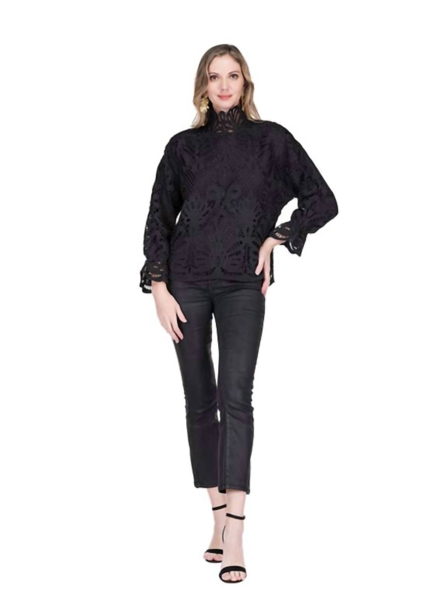 Jade Melody Tam Mock Neck Lace Blouse in black - women's blouse - alternate view