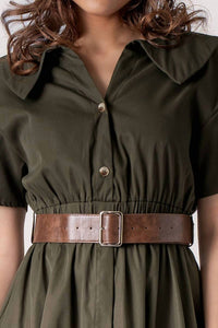 Urban Daizy Exaggerated Collar Spring Shirt Belted Midi Dress in olive - women's dress - view 5