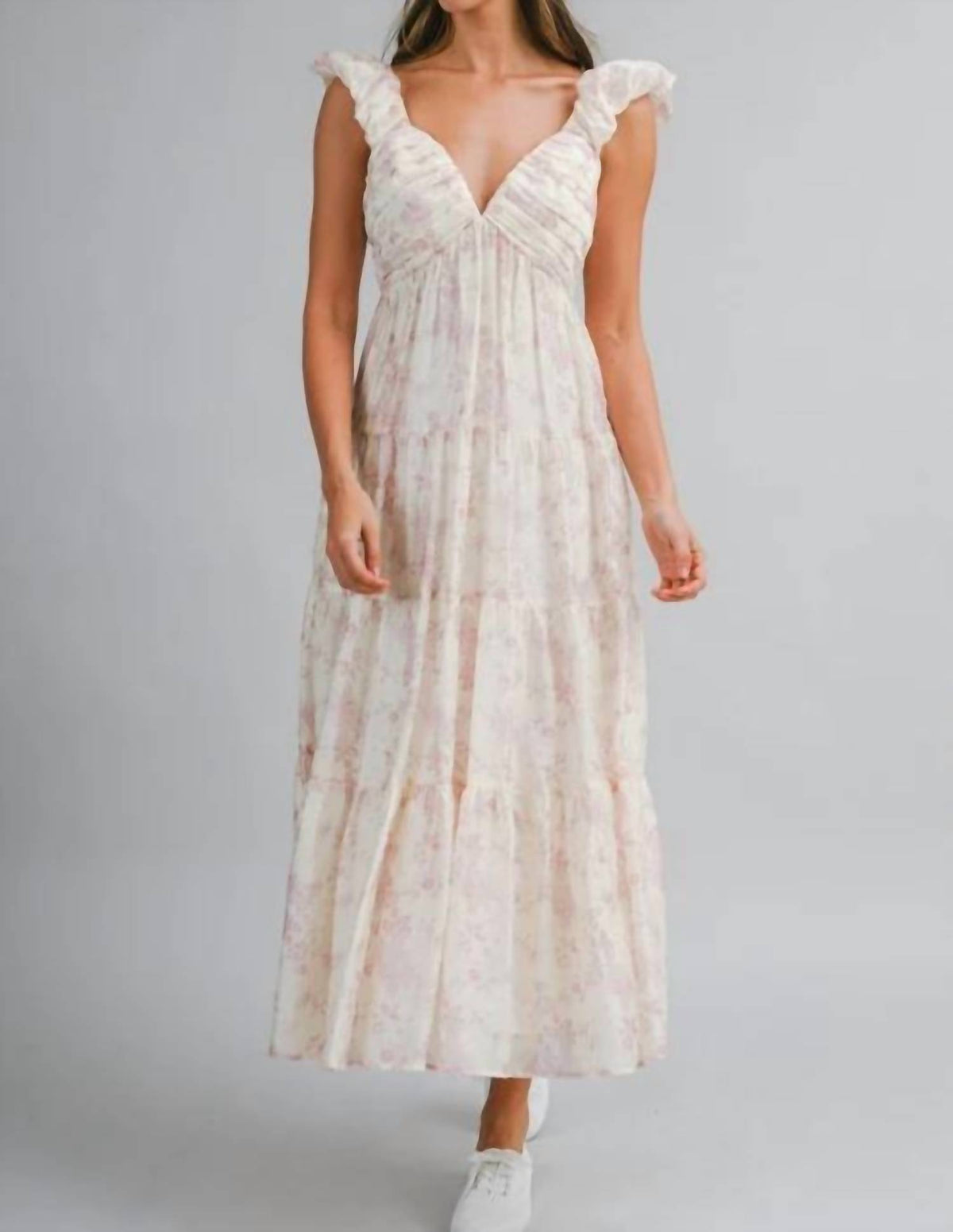 Mable - Floral Print Ruched Pleated Detail Midi Dress