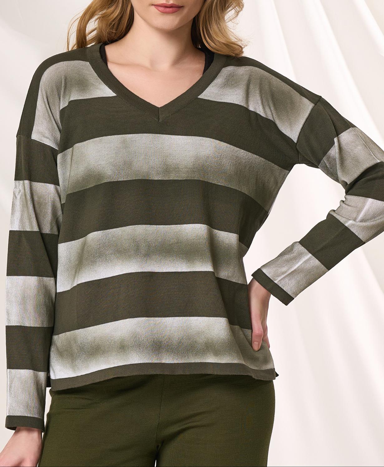 Angel Apparel Stripe V-neck Sweater in army - women's sweater