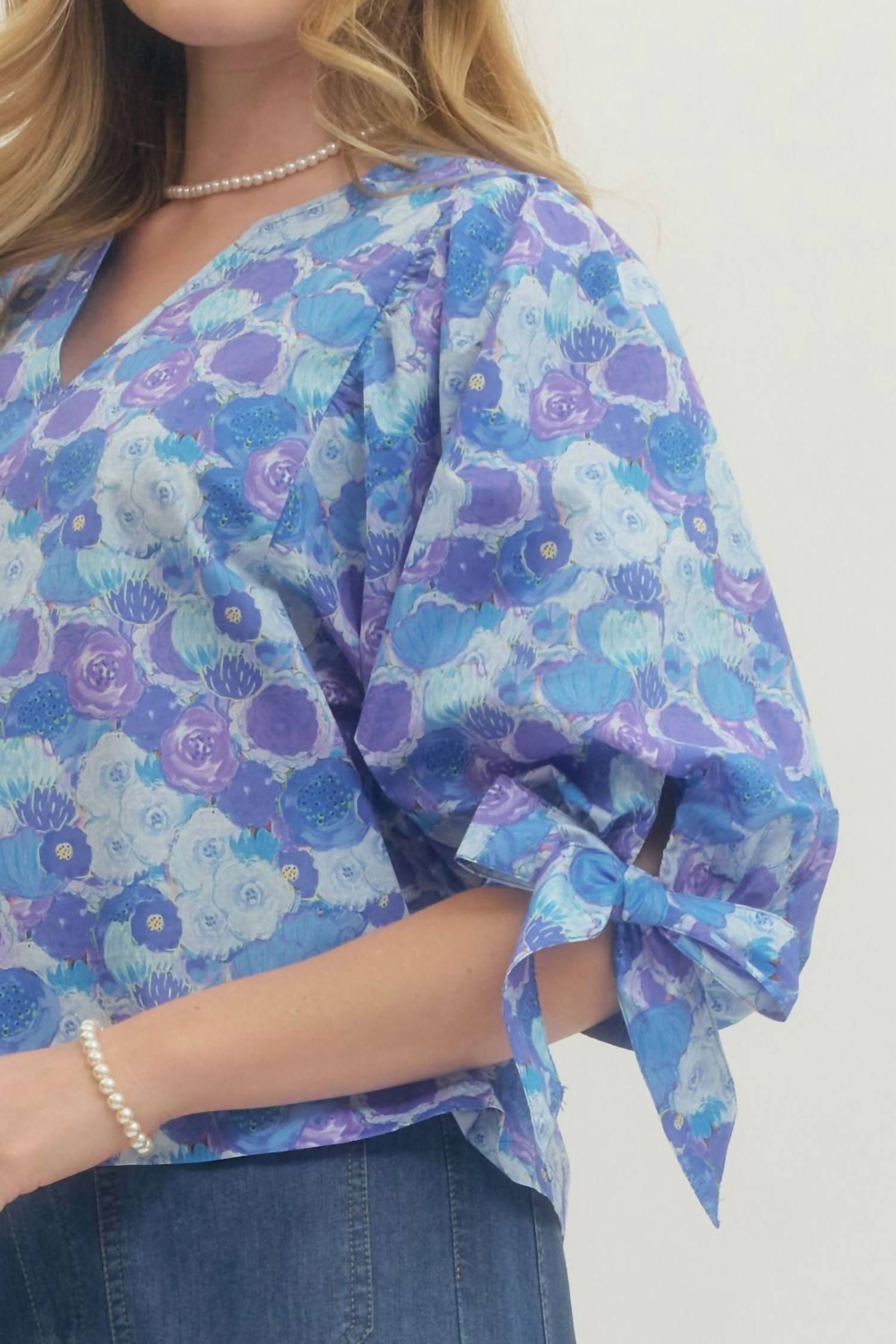 entro Poppy Print Tie Blouse in blue - women's blouse - view 4