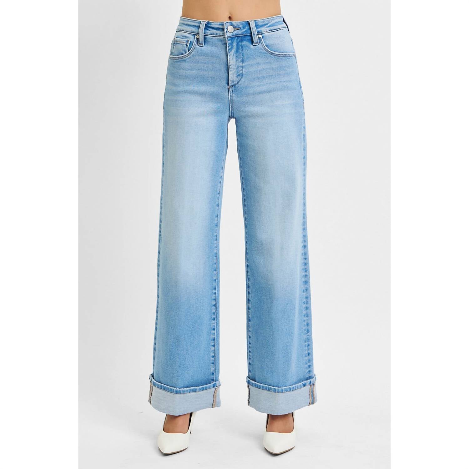 Risen - Tummy Control High Rise Long Inseam Wide Cuffed Jeans