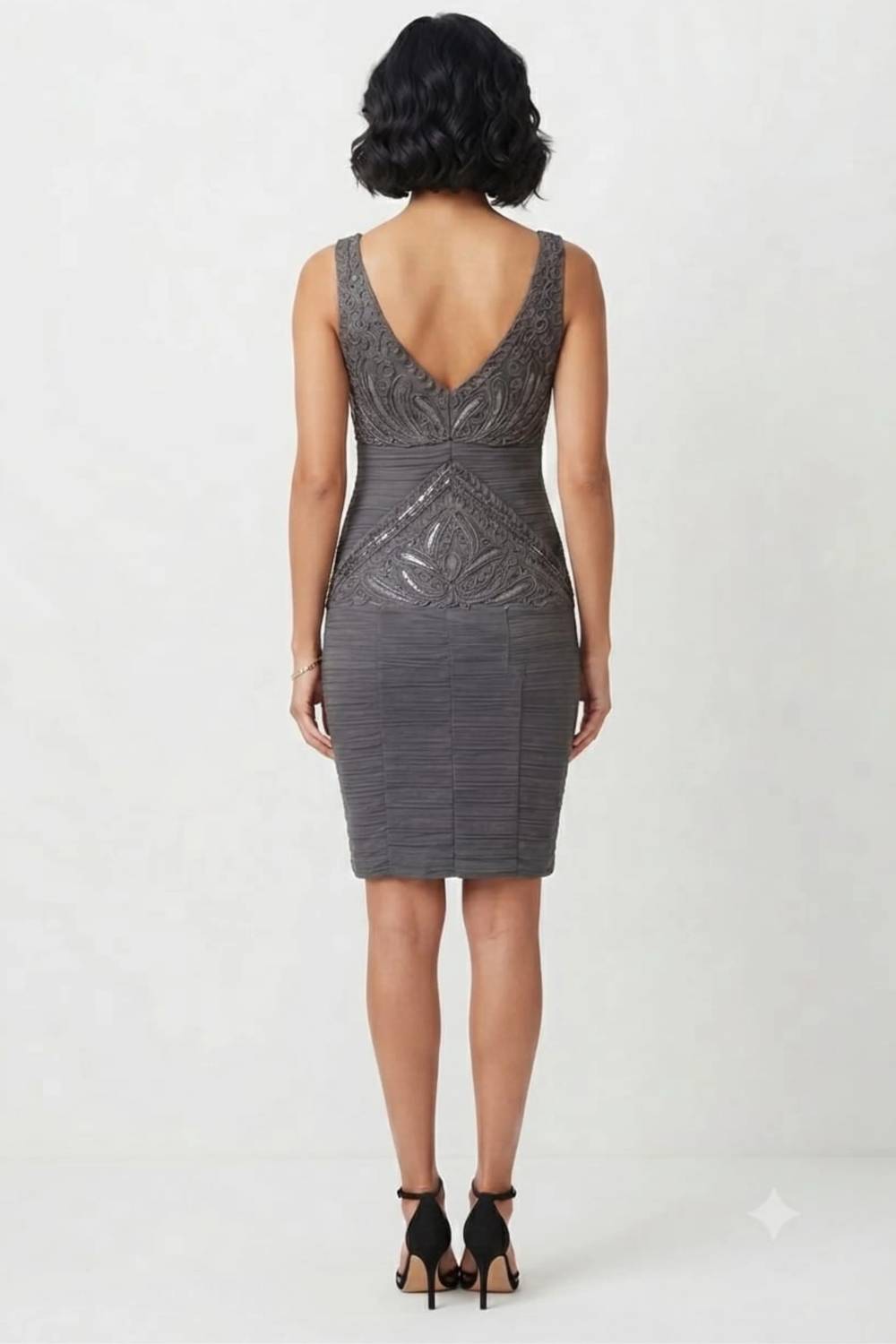 Sue Wong - V-cut Neck Ribbon Ruched Cocktail Dress