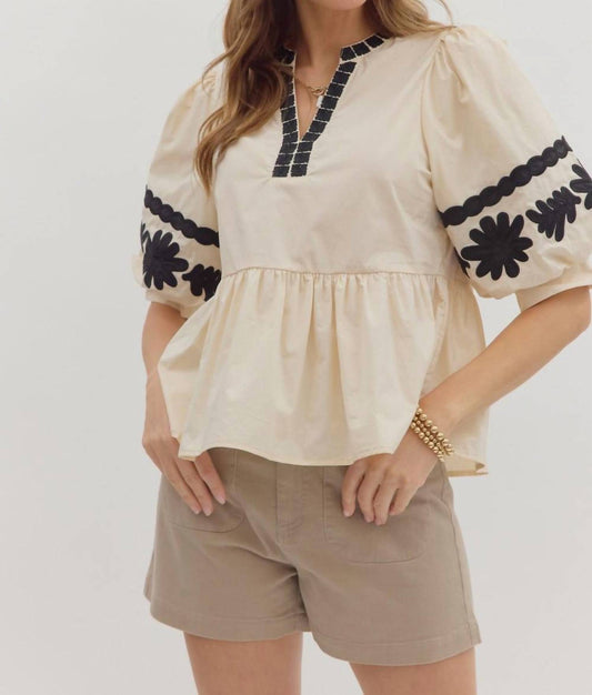 Entro - Floral Embroidered Bubble Sleeved Top