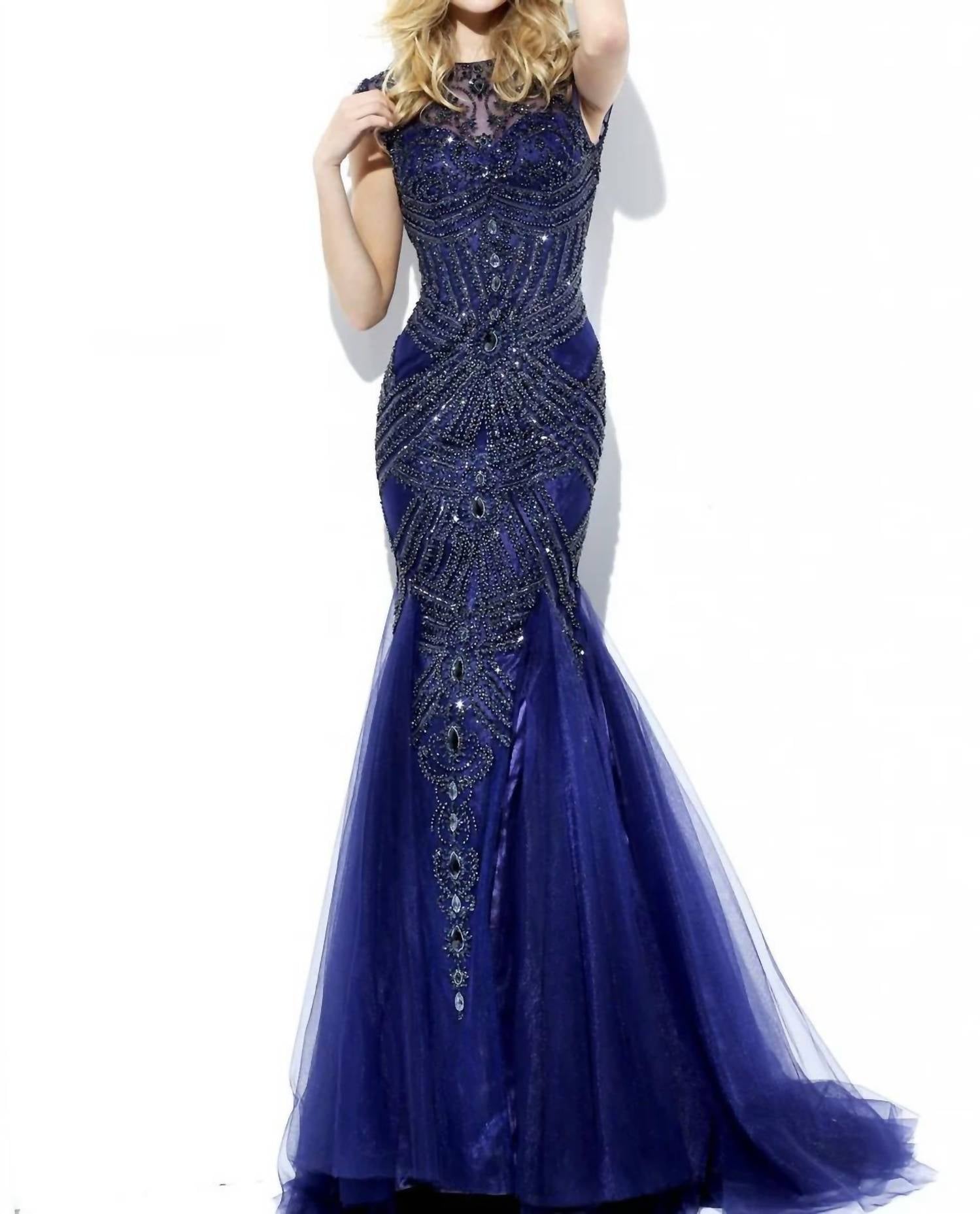Sherri Hill Beaded Mermaid Gown in navy - women's dress