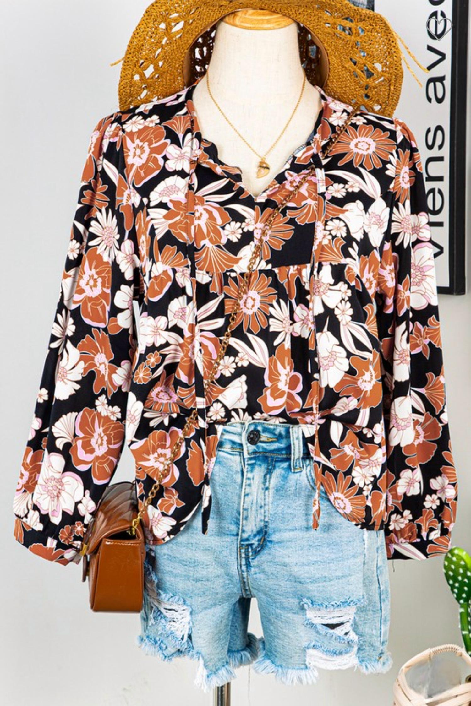 Fashionworks - Women's Floral 3/4 BabyDoll Blouse