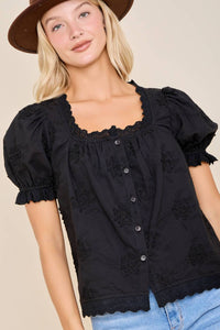 Main Strip - Embroidered Puff Sleeve Button Front Blouse