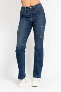 Judy Blue High Waisted Cargo Bootcut Stretchy Jeans in dark denim - women's pants - view 7
