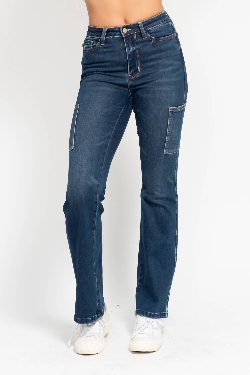 Judy Blue High Waisted Cargo Bootcut Stretchy Jeans in dark denim - women's pants - view 7